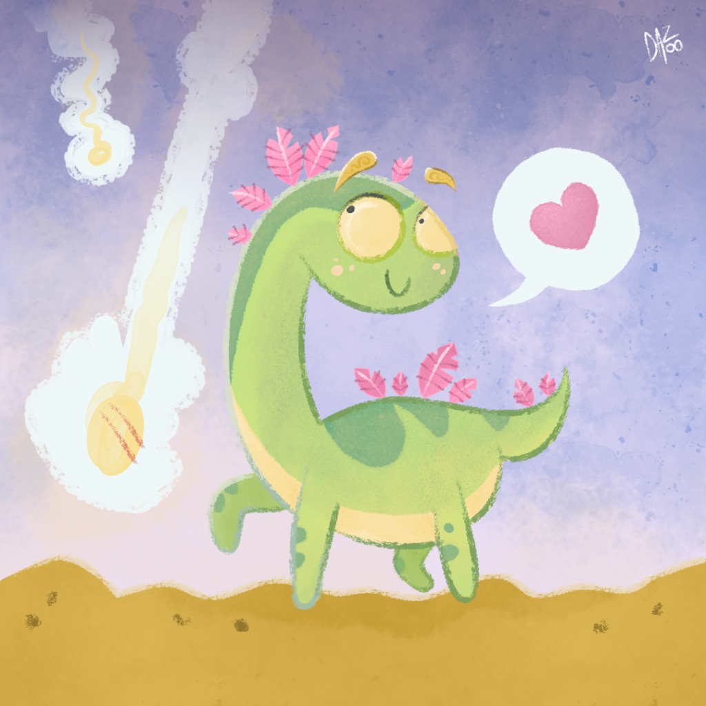 illustrazione a colori di un dinosauro innamorato degli asteroidi