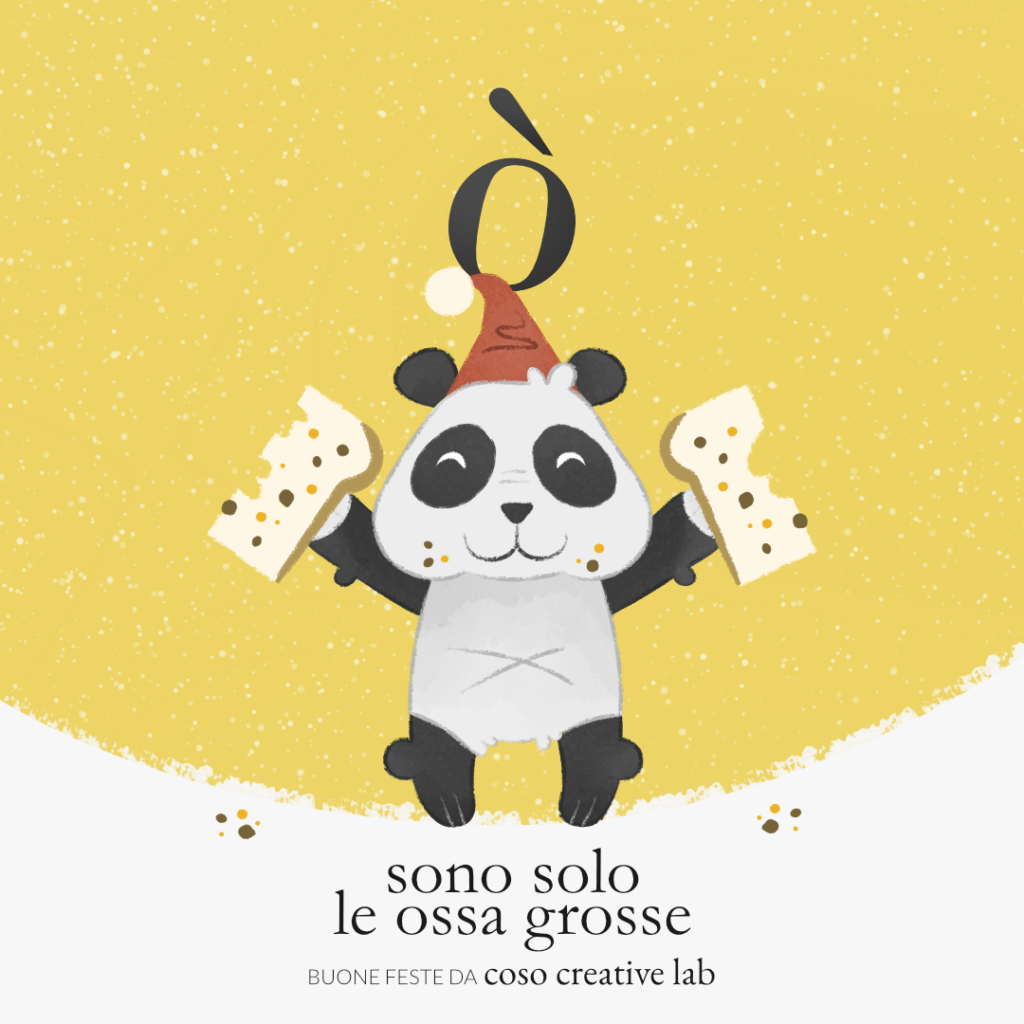 Illustrazione di un panda goloso, con in mano delle fette di panettone e felice del suo essere curvy